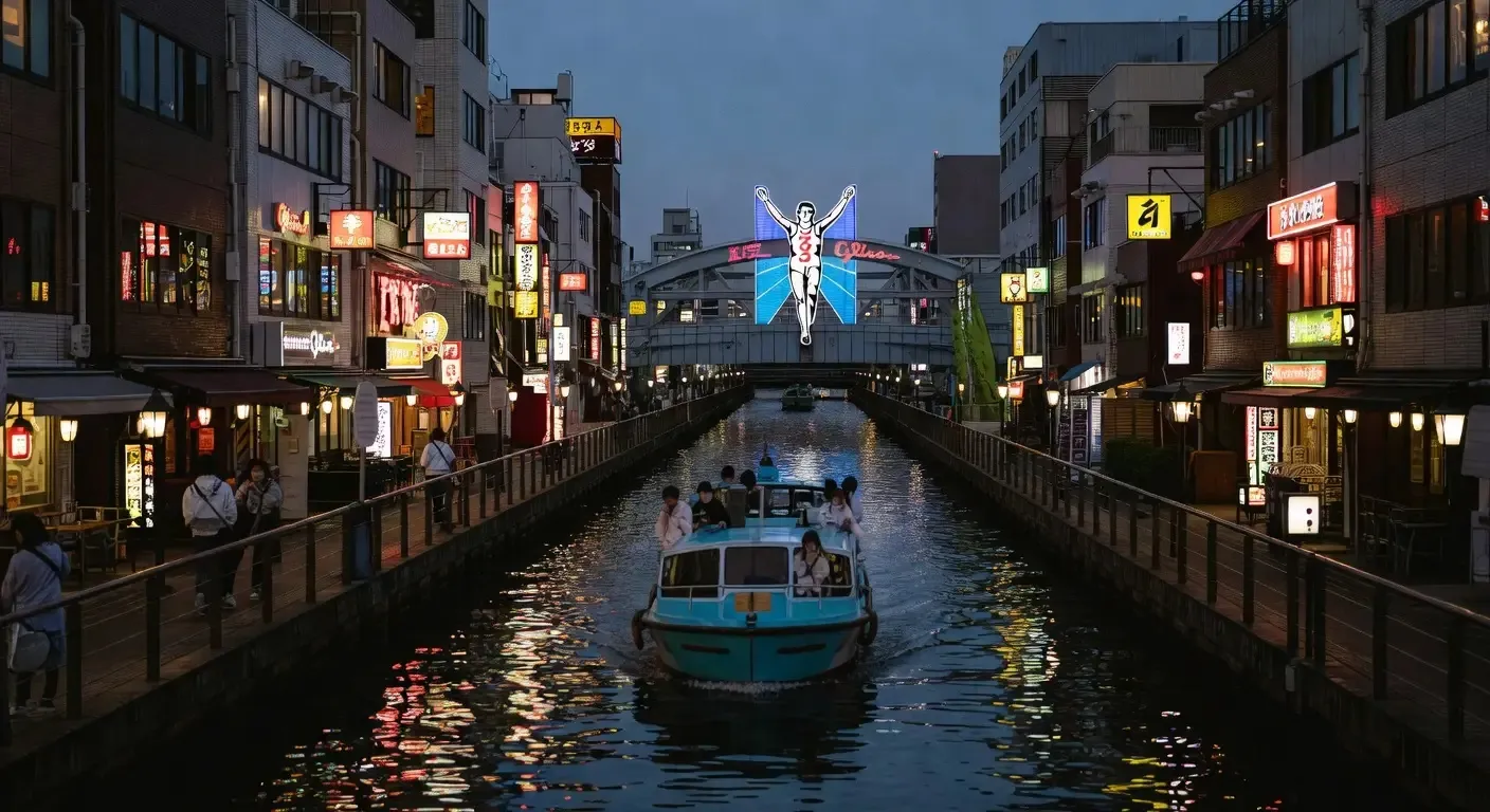 Cruise boat passing under an illuminated bridge on the Dotonbori River in Osaka at night