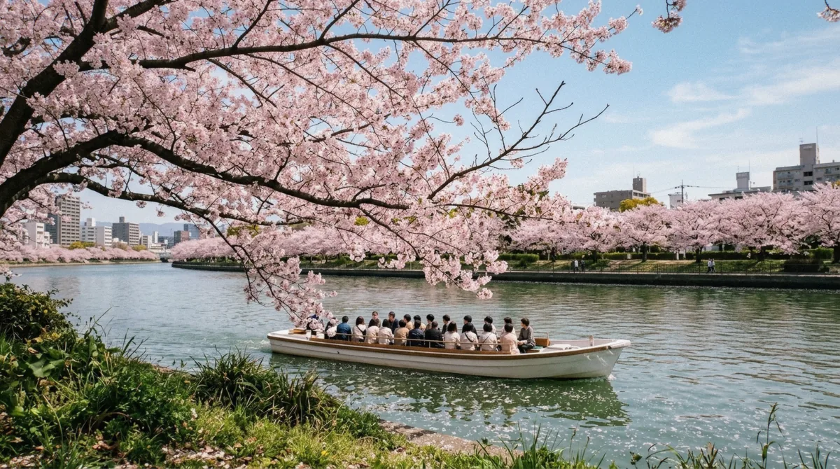 Cherry blossom trees lining the Okawa river bank near Kema Sakuranomiya Park during the okawa river cherry blossom cruise season