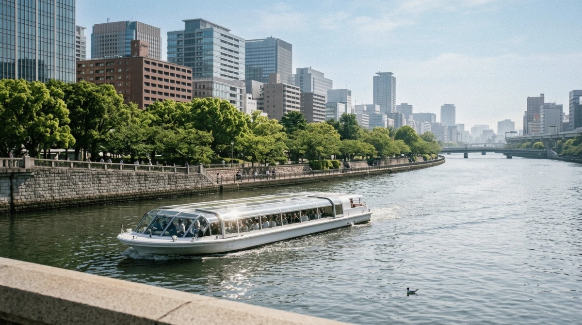 The Aqua Liner boat on the wider Okawa river, priced separately from the Dotonbori canal cruise fares