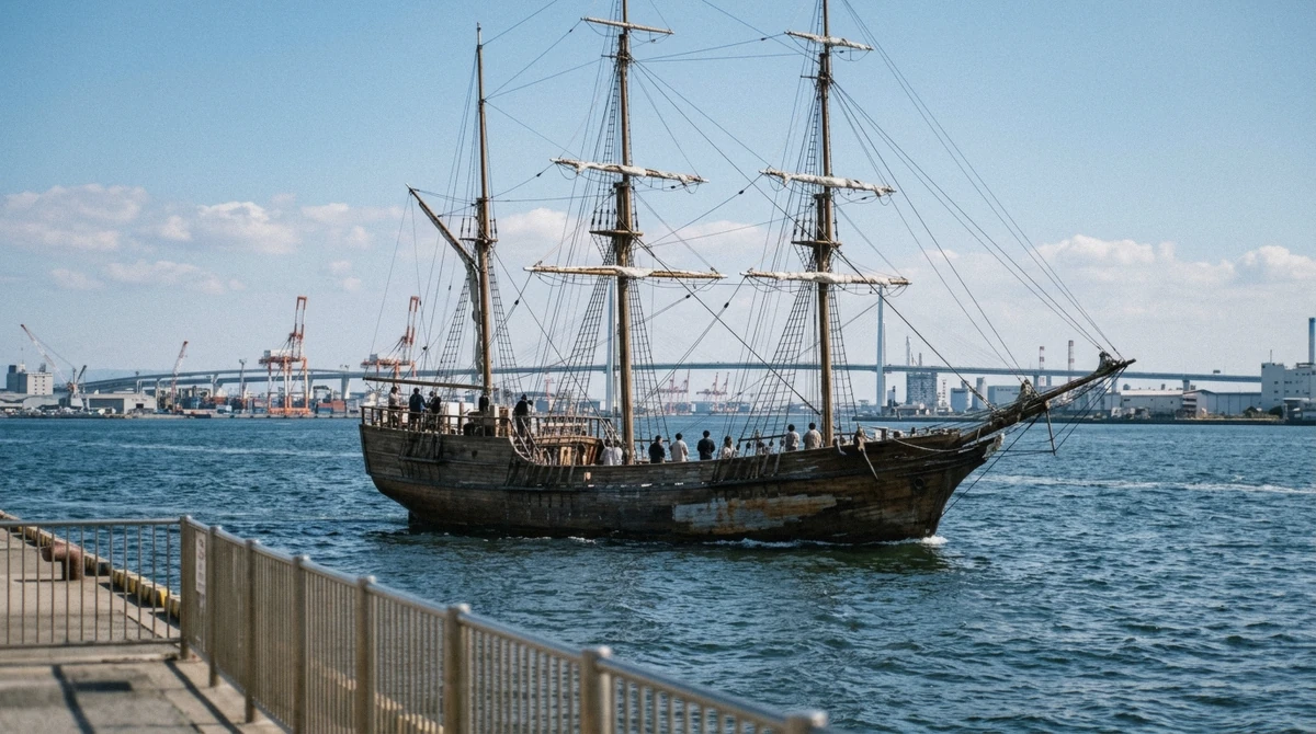 The Santa Maria replica ship departing Tempozan pier on an Osaka Bay river cruise alternative