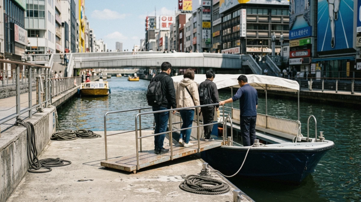 Yen coins and a ticket beside a posted Osaka river cruise price board at a canal pier