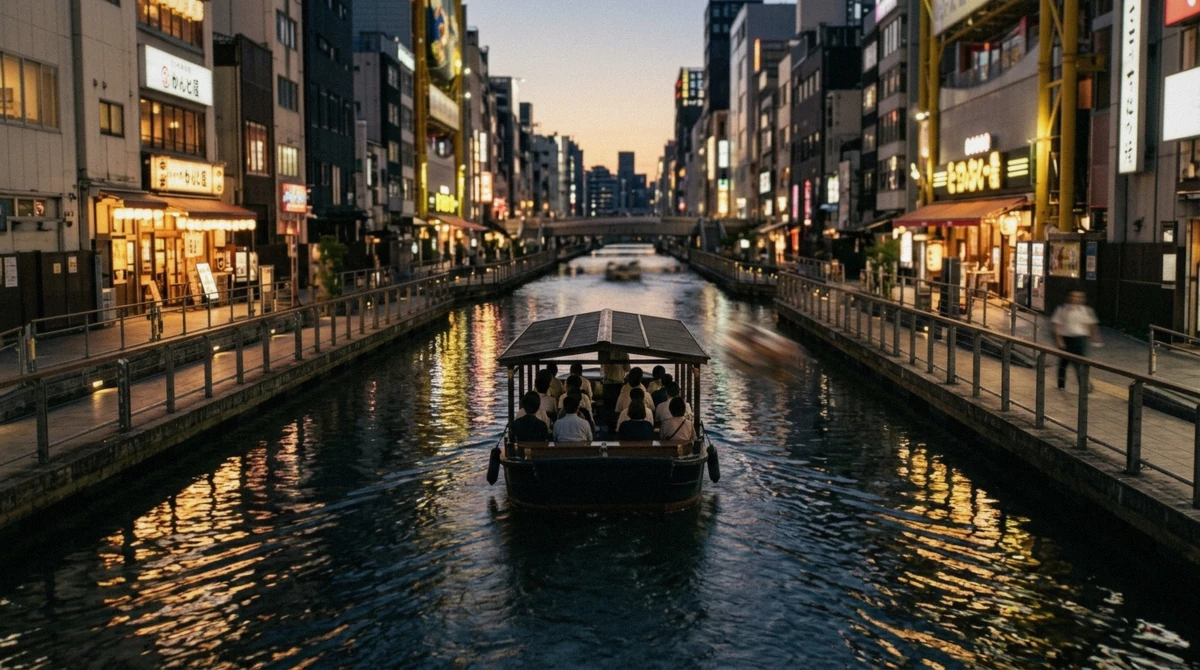 Neon reflections on the Dotonbori canal at night along the dotonbori river cruise schedule route in Osaka