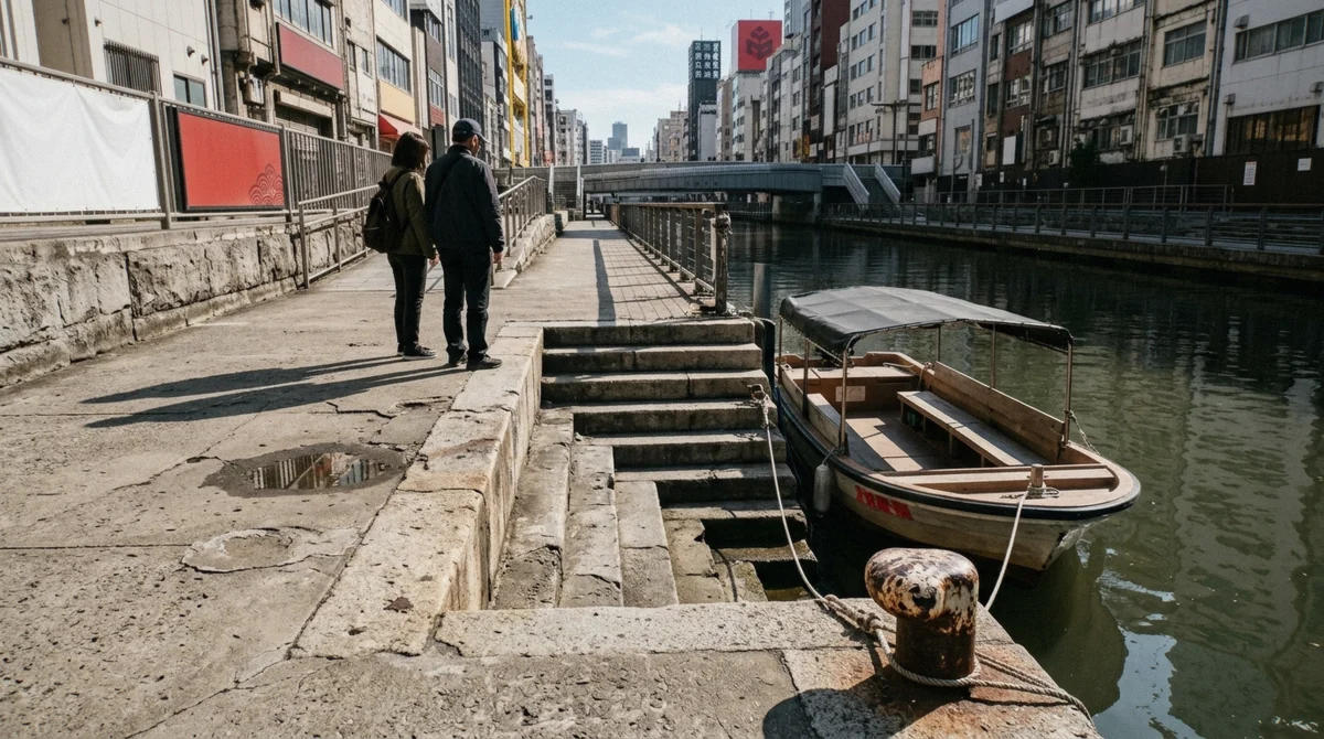 Tazaemonbashi Pier boarding point for a dotonbori river cruise schedule beside the Don Quijote store in Osaka
